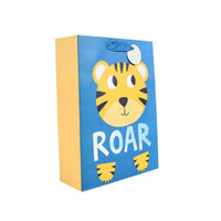 Dinosaur gift bag with tiger face and “ROAR” text, blue front and tan side panel