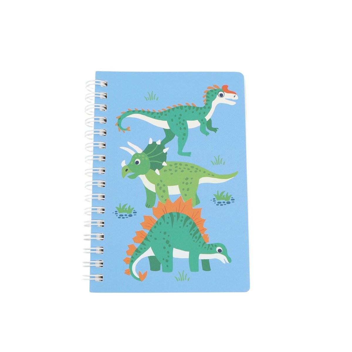 A6 spiral notebook with blue cover and green dinosaur illustration, white coil binding