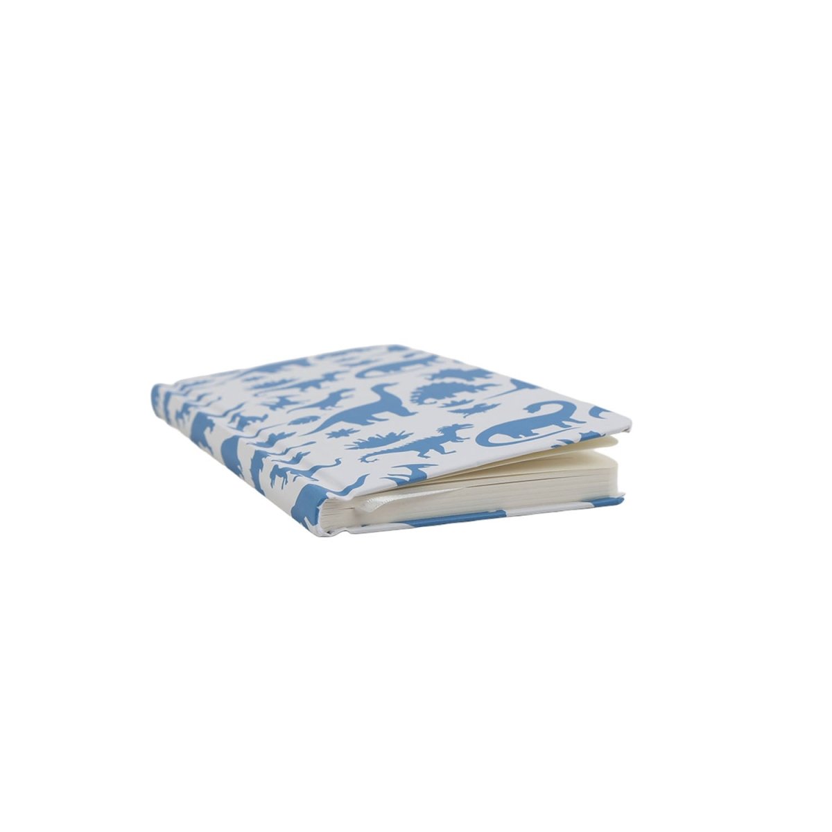 A6 hardcover notebook with blue dinosaur print, closed stacked view