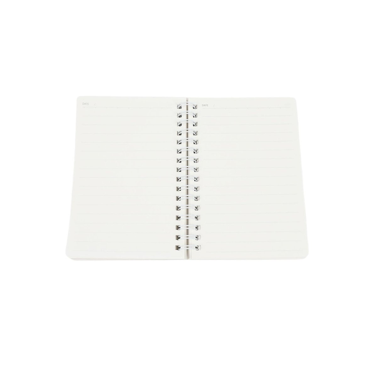 A6 spiral notebook open inside, blank ruled pages with coil spiral at center