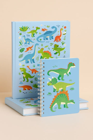 A6 spiral notebook cover with colorful dinosaur art and white coil binding