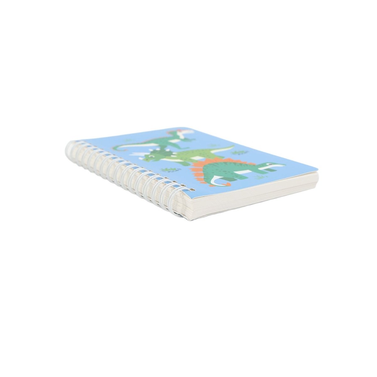 A6 spiral notebook angled view, blue dinosaur cover with white page stack and coil