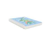 A6 spiral notebook angled view, blue dinosaur cover with white page stack and coil