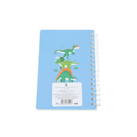 A6 spiral notebook back cover with dinosaur print and rectangular product info label
