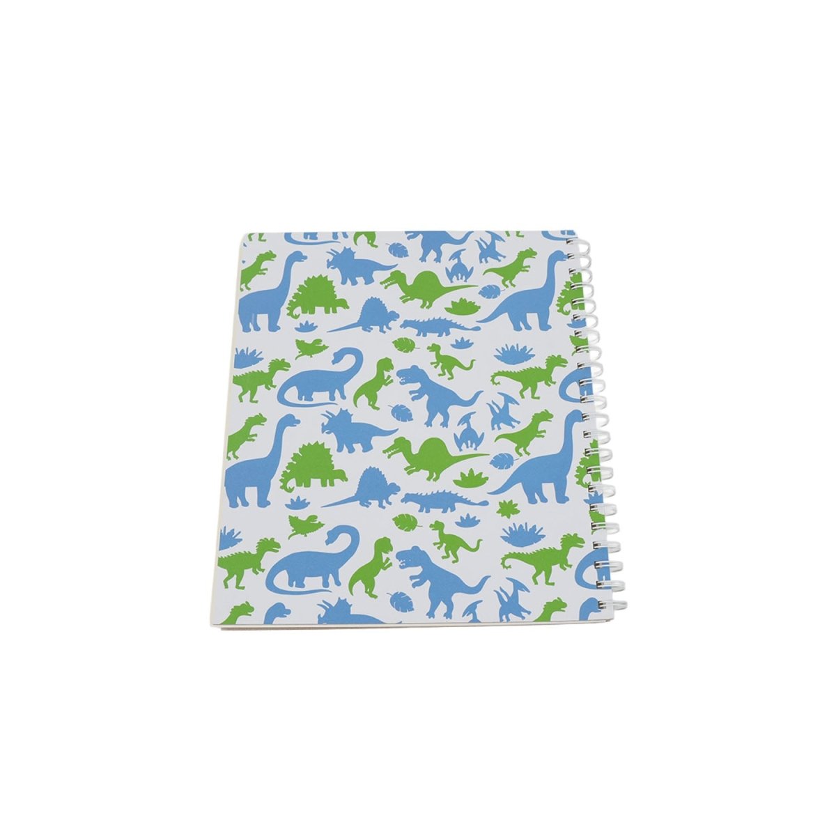 Spiral dinosaur notebook, front cover shows blue and green dinosaur pattern
