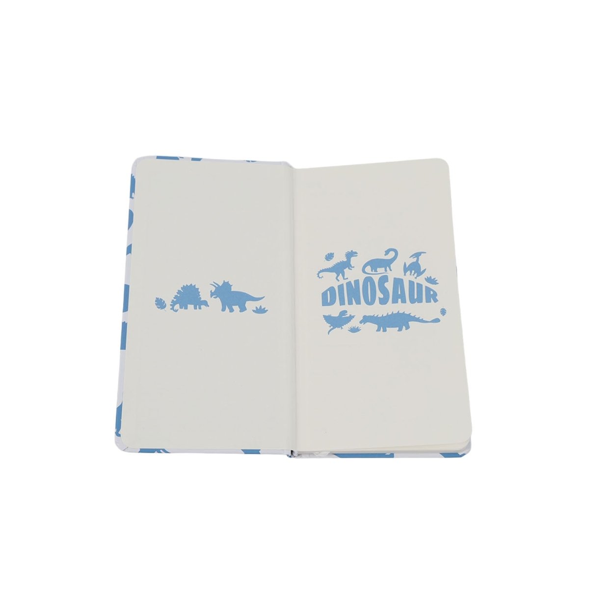 A6 hardcover notebook open, showing blank pages and dinosaur title