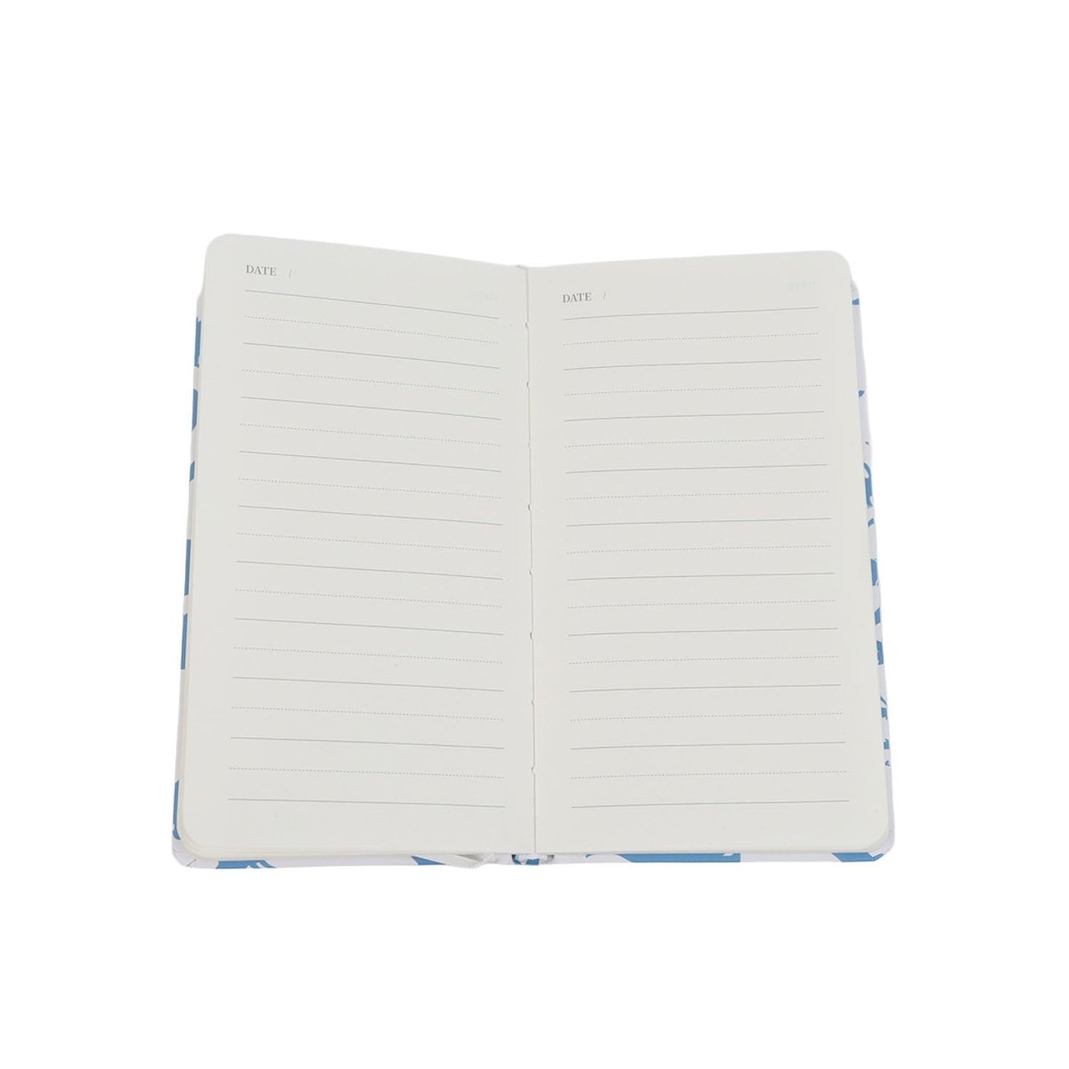 A6 hardcover notebook open with lined pages and date fields