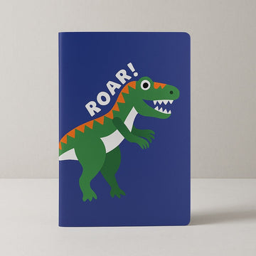 A5 dinosaur notebook with blue cover and green 'ROAR!' T-rex graphic