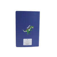 A5 dinosaur notebook back cover in blue with barcode label