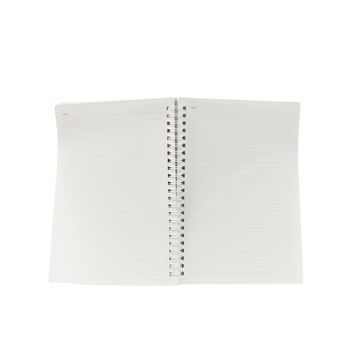 Spiral notebook inside view, lined pages with metal rings at the center