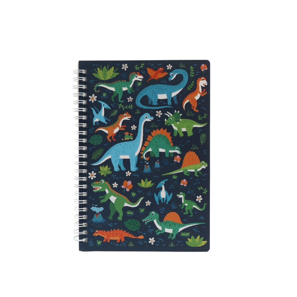 Student spiral notebook with dinosaur scene cover, navy blue with multicolor dinosaurs