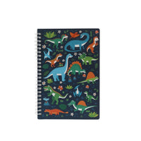 Student spiral notebook with dinosaur scene cover, navy blue with multicolor dinosaurs
