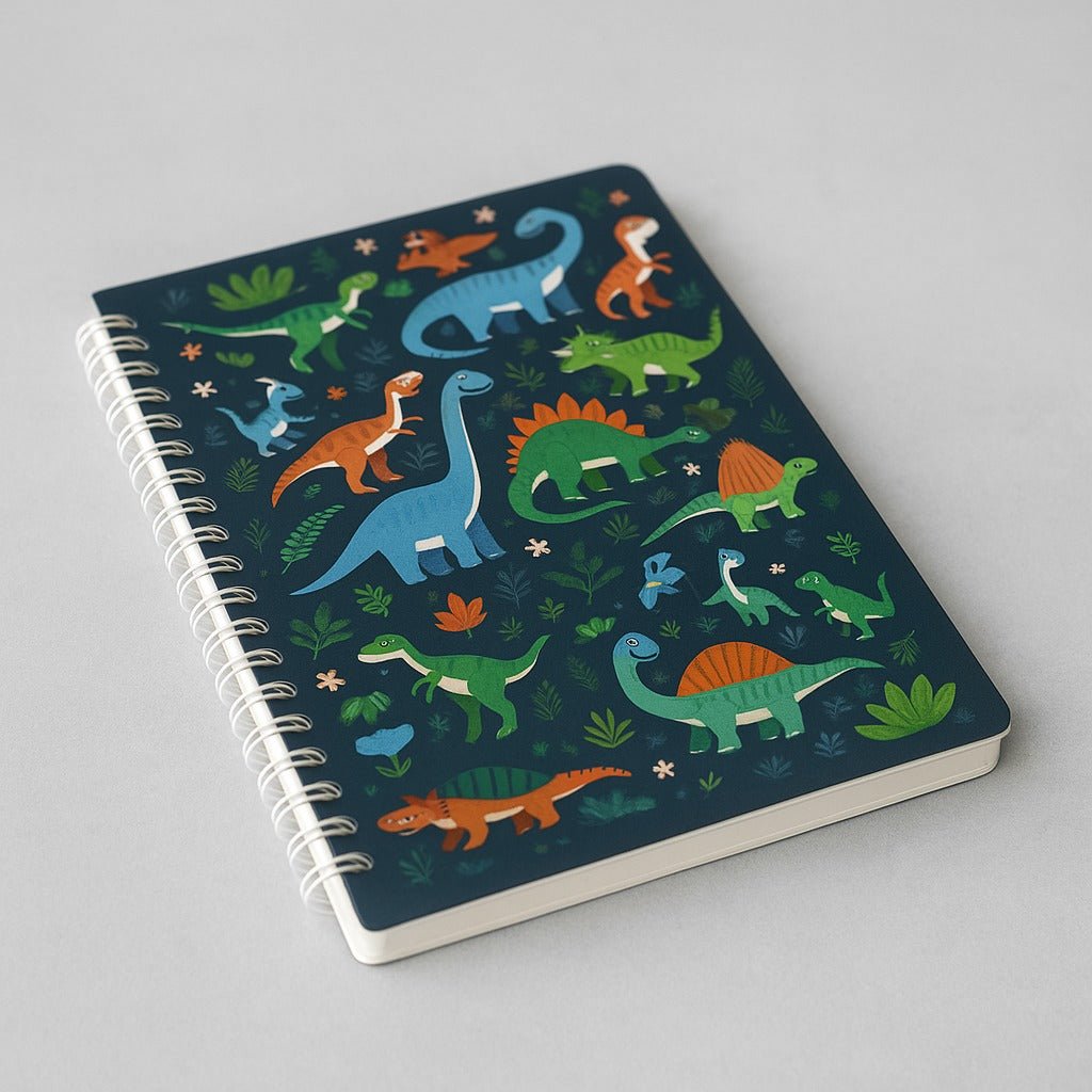 Spiral notebook with dinosaur pattern cover, dark navy background and colorful dinos