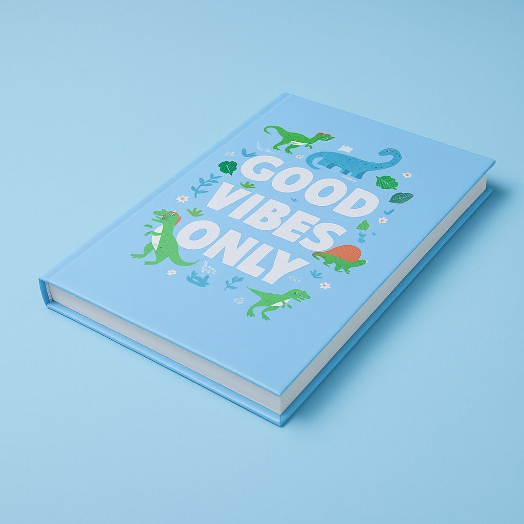 Light blue dinosaur hardcover notebook with 'GOOD VIBES ONLY' cover design