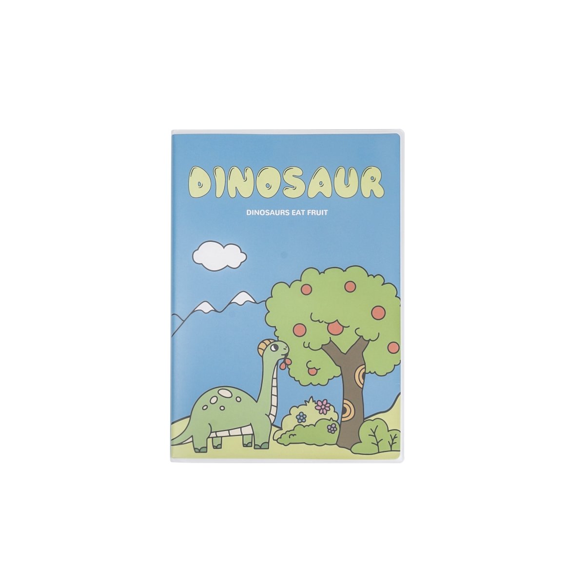 B5 dinosaur notebook matte rubber blue cover with dinosaur and fruit tree illustration