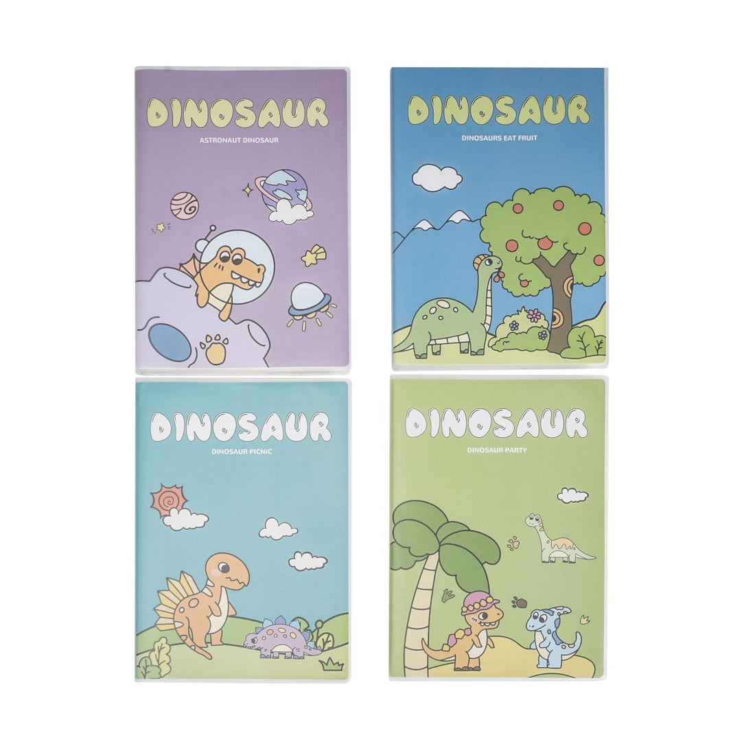 B5 dinosaur notebook set with four matte rubber cover designs in purple and blue