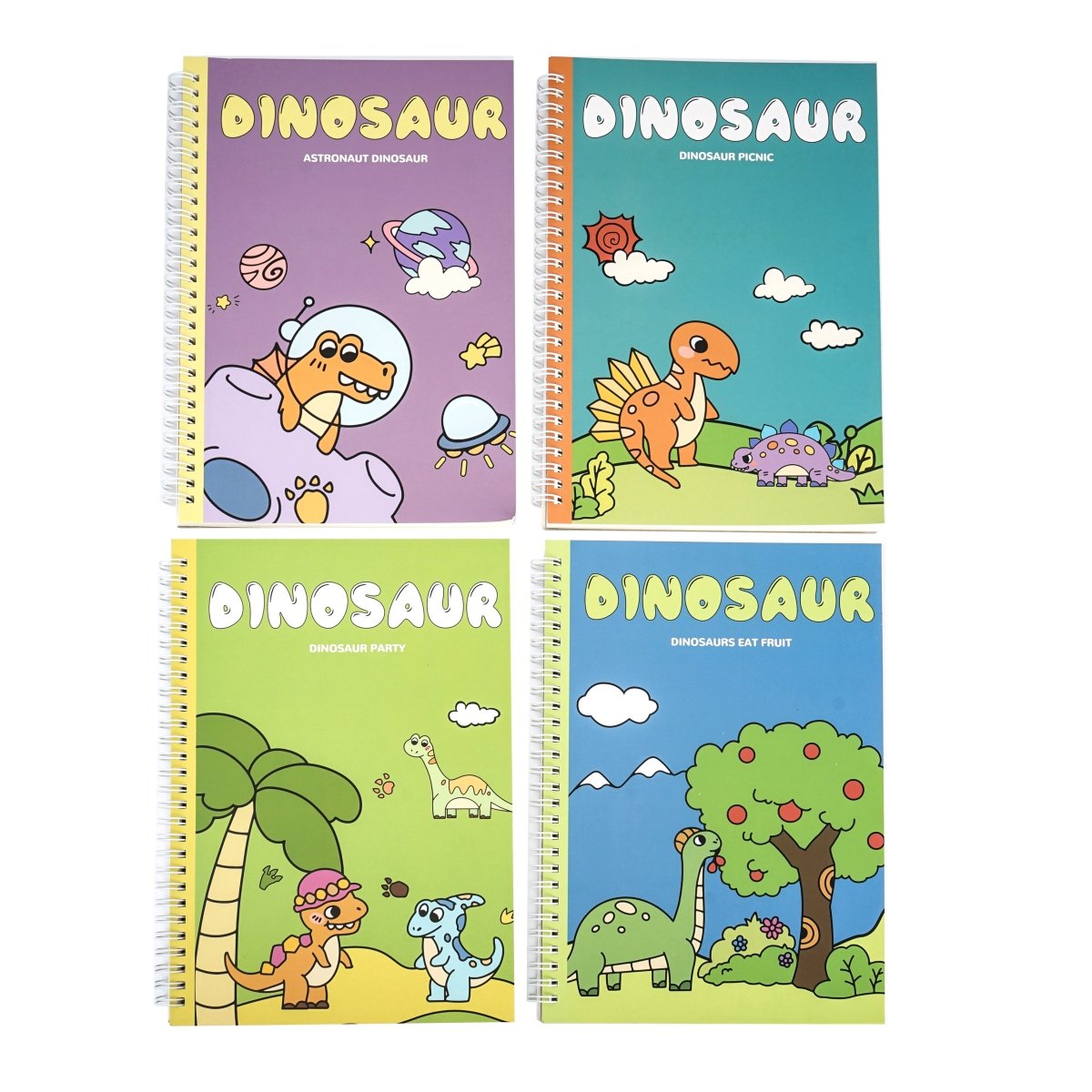 Set of four B5 dinosaur coil notebooks with colorful cover illustrations