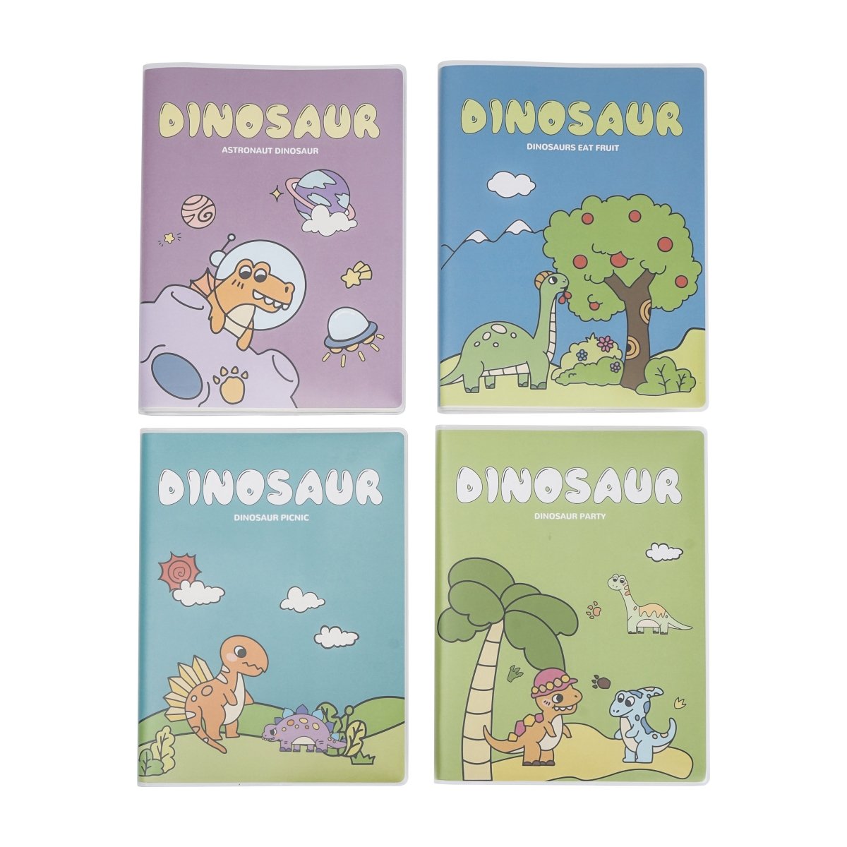 Set of A5 dinosaur notebooks with four colored matte covers, each with dinosaur artwork