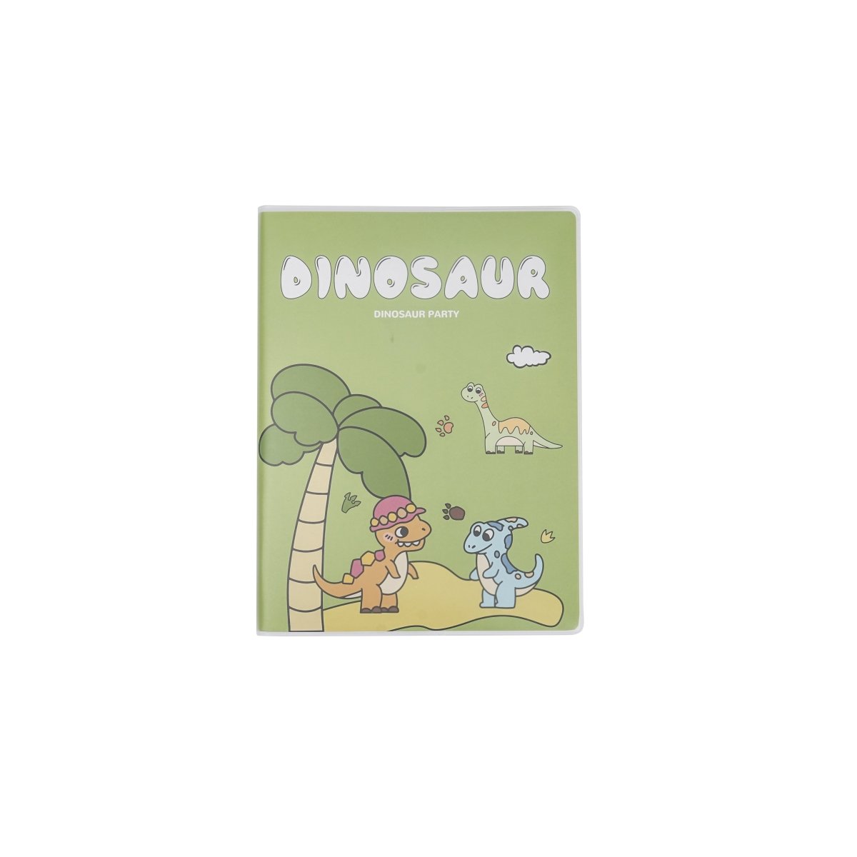 A5 dinosaur notebook with light green matte cover and two dinosaurs by palm tree
