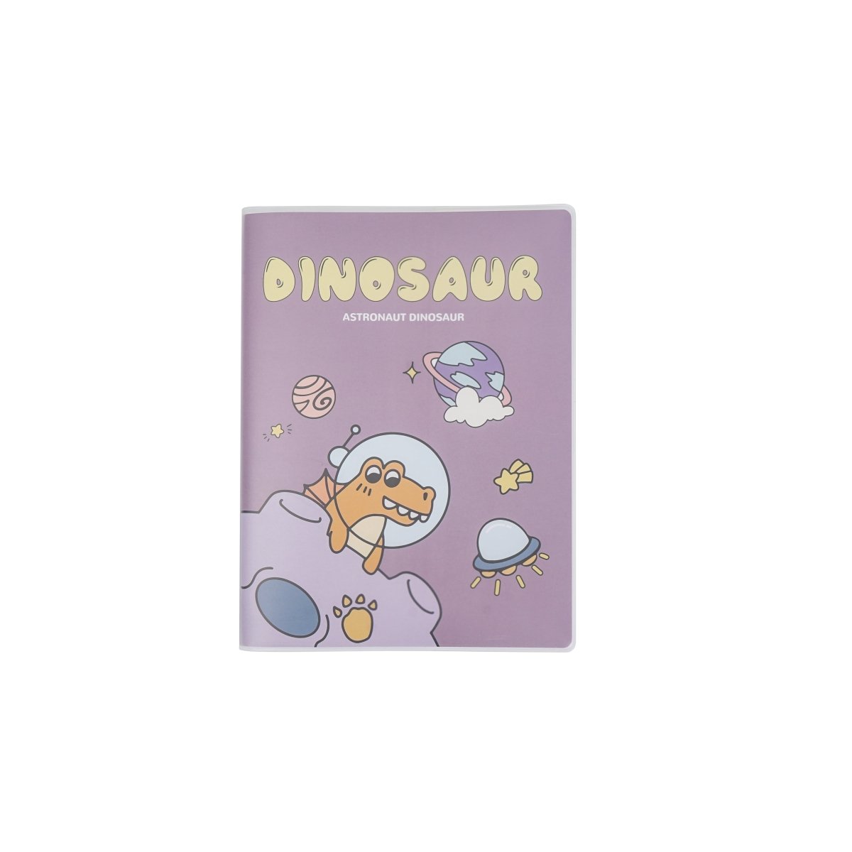 A5 dinosaur notebook with purple matte cover and dinosaur astronaut-style illustration