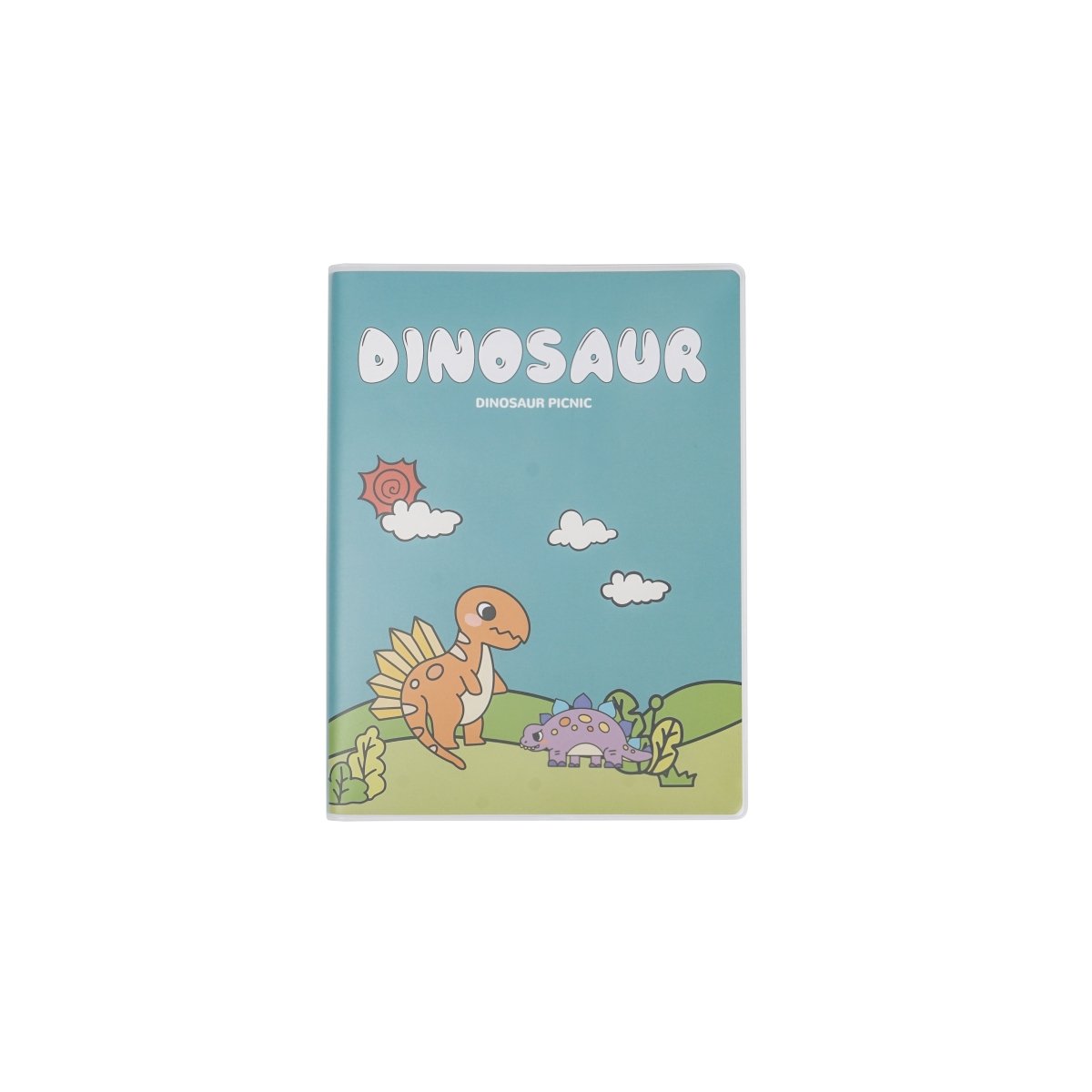A5 dinosaur notebook with blue matte cover and dinosaur in outdoor scene illustration