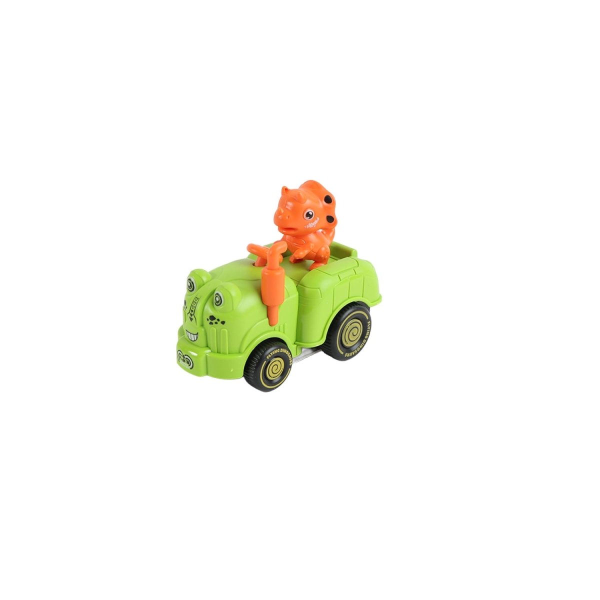 Green dinosaur inertial toy car with orange dinosaur figure, side view