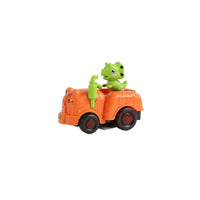 Orange dinosaur inertial toy car with green dinosaur figure, side view