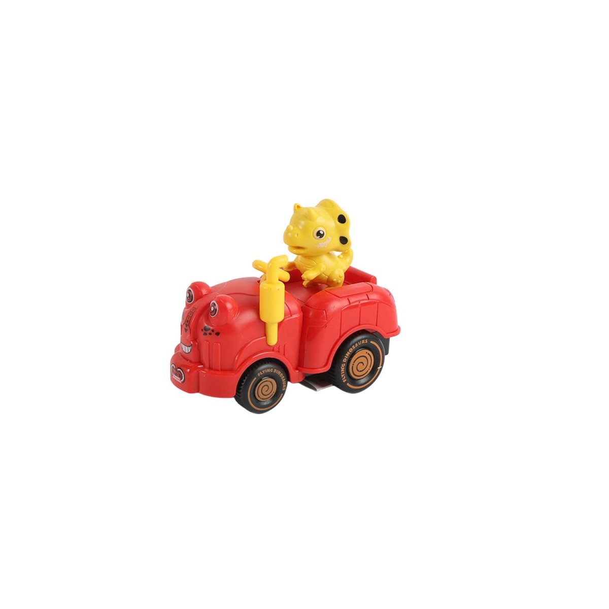 Red dinosaur inertial toy car with yellow dinosaur figure, side view