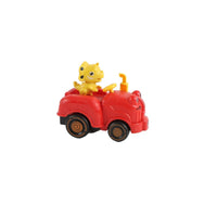 Red dinosaur inertial toy car with yellow dinosaur figure, angled side view