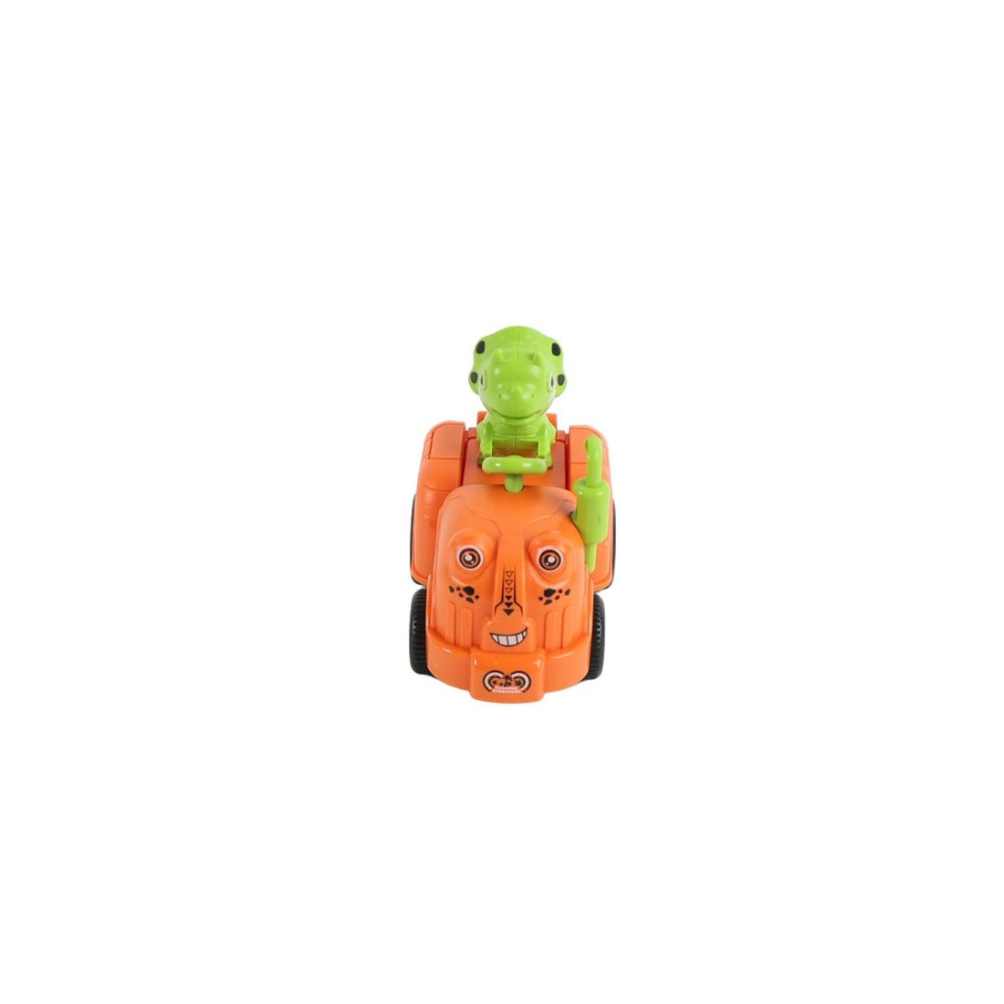 Orange dinosaur inertial toy car with green dinosaur figure, front view