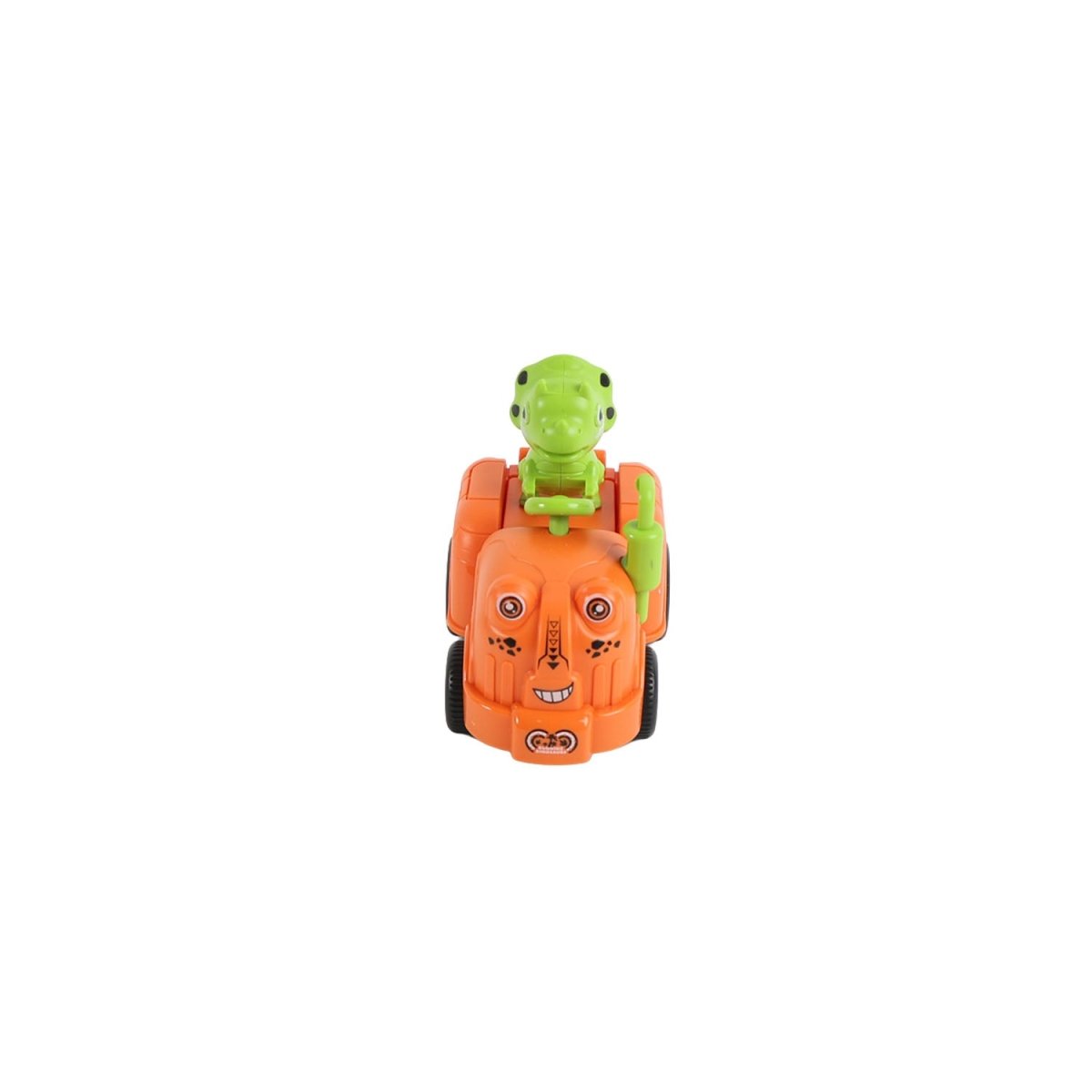 Orange dinosaur inertial toy car with green dinosaur figure, front view