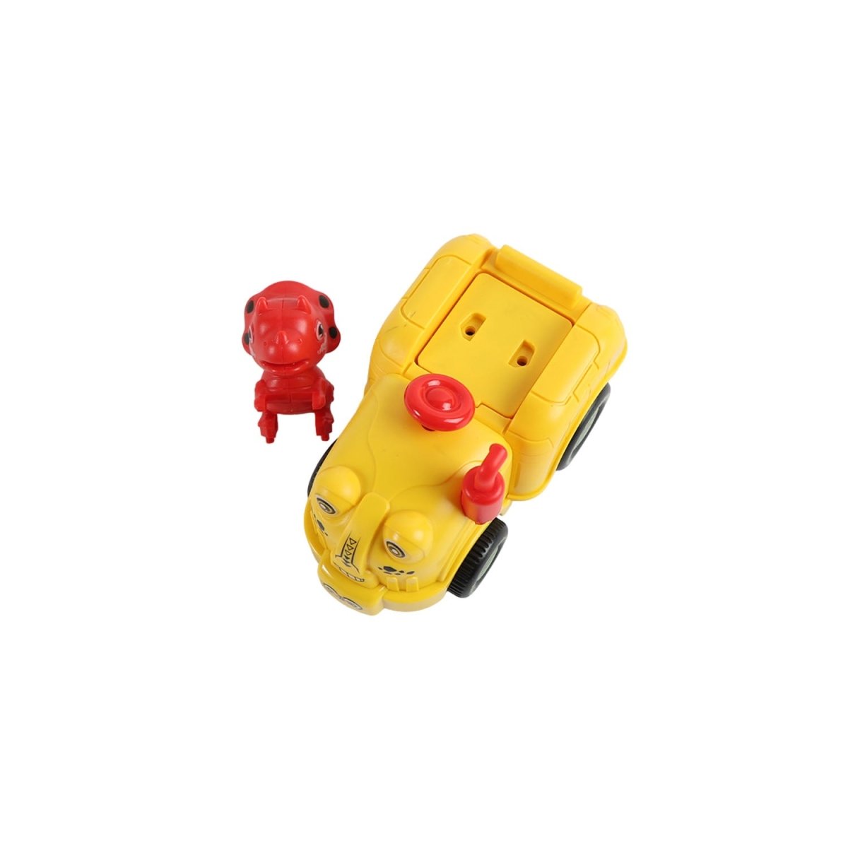 Yellow dinosaur inertial toy car with red dinosaur figure, angled view