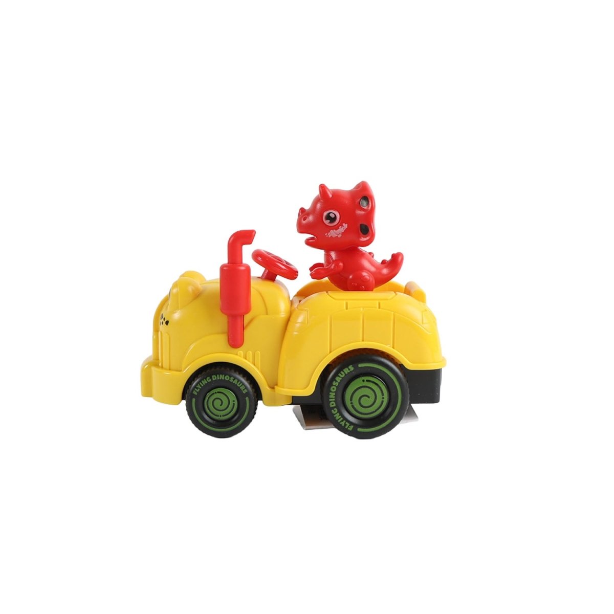 Yellow dinosaur inertial toy car with red dinosaur figure, front 3/4 view
