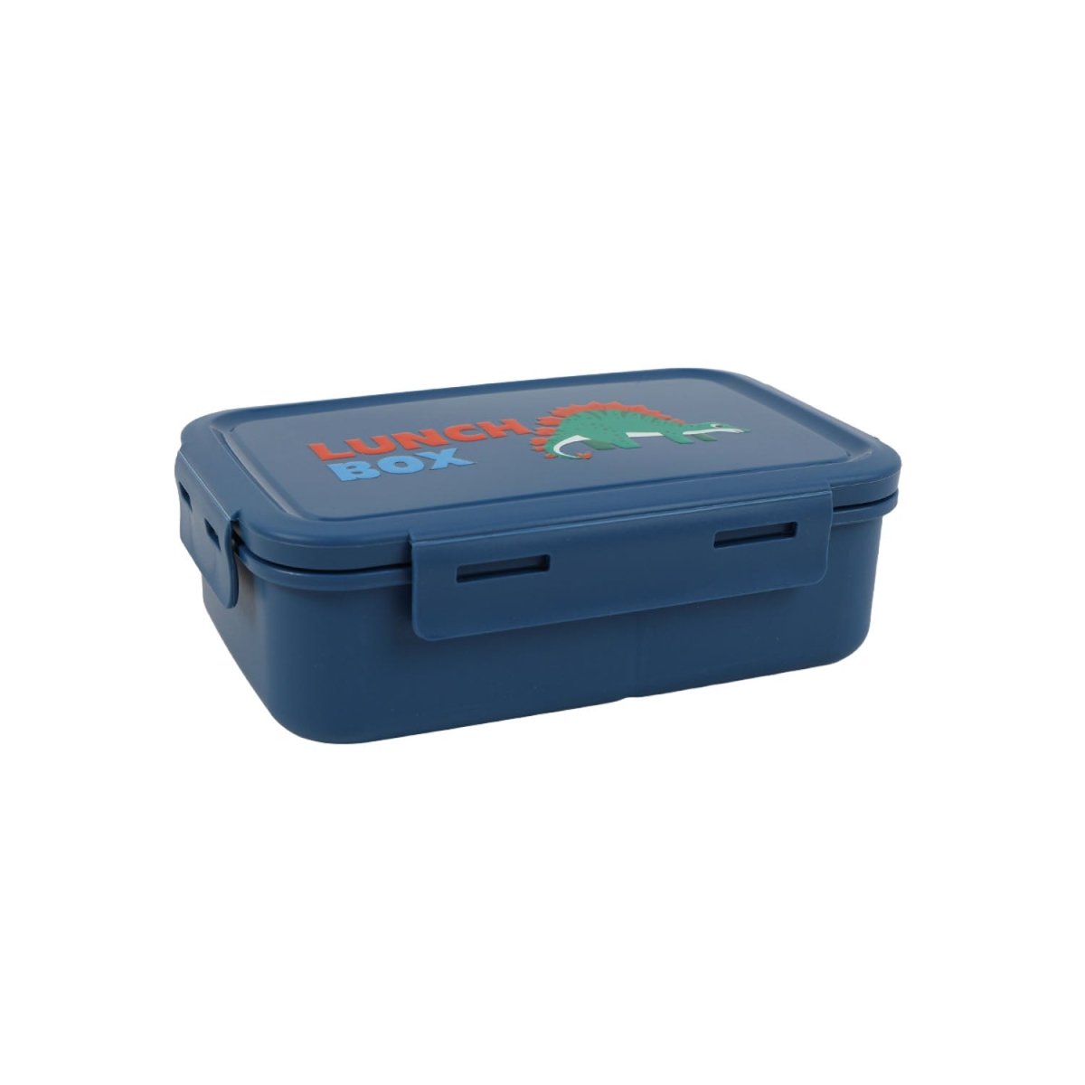 Kids lunch box, dark blue with dinosaur-themed top graphic and two side latches