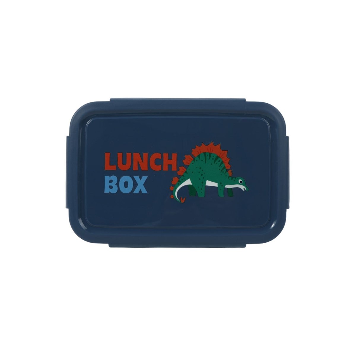 Kids dinosaur lunch box, dark blue with colorful dinosaur logo on front