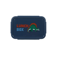 Kids dinosaur lunch box, dark blue with colorful dinosaur logo on front