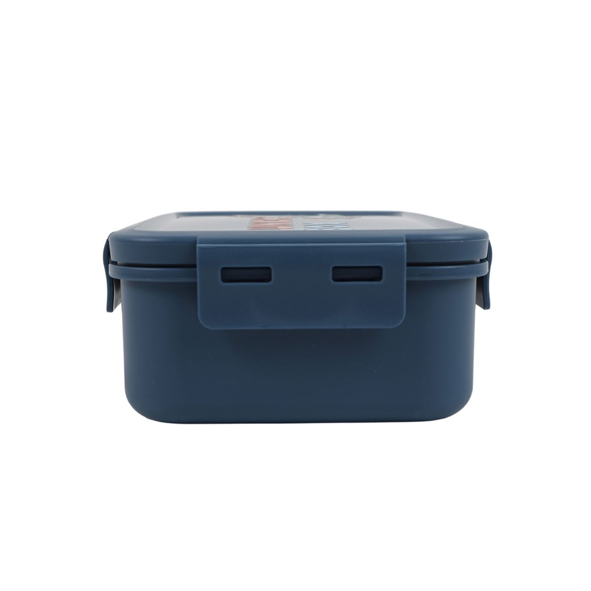 Kids lunch box with dark blue body and two front handle slots; closed lid