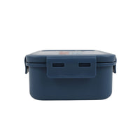 Kids lunch box with dark blue body and two front handle slots; closed lid