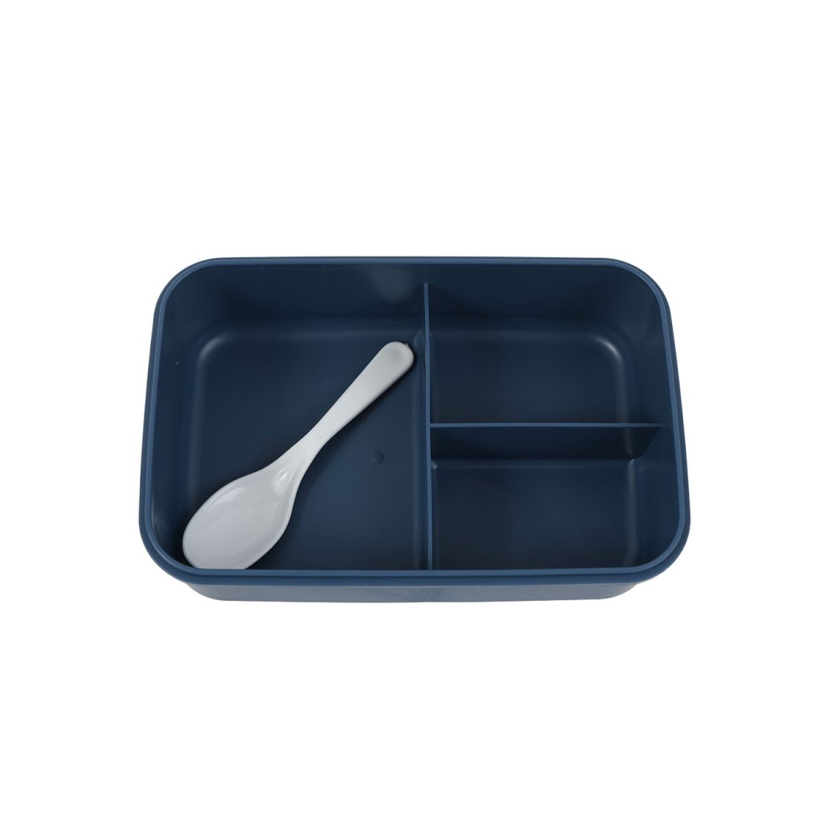 Kids lunch box with inner tray and white spoon; dark blue lid open