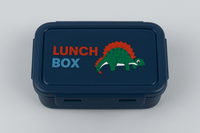Kids dinosaur lunch box, dark blue with dinosaur graphic on front and snap lid