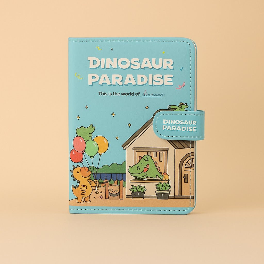 Blue PU magnetic notebook cover with “Dinosaur Paradise” title and dinosaur scene panel.