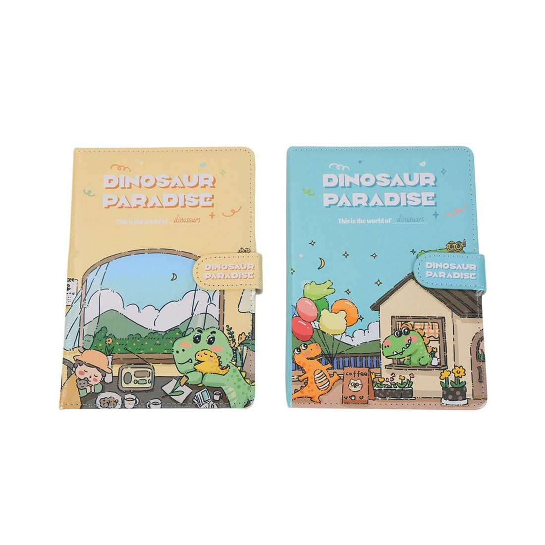 Beige and blue PU magnetic notebooks, each with “Dinosaur Paradise” cover art.