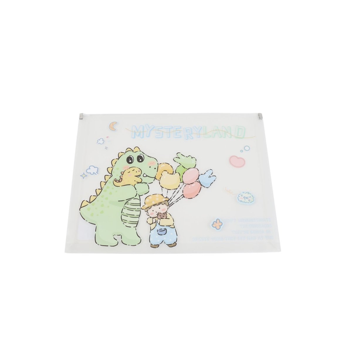 A4 file folder with cartoon dinosaur and child, pastel balloons and stars illustration