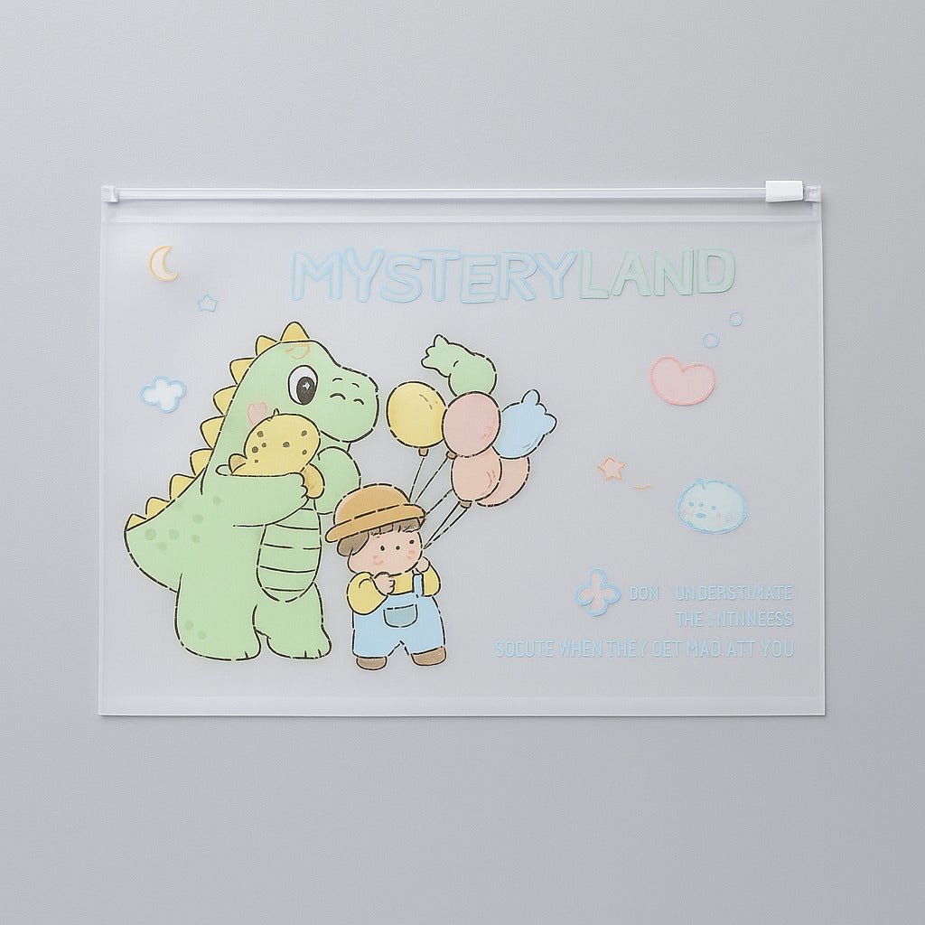 A4 file folder with cartoon green dinosaur, child holding balloons illustration