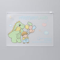 A4 file folder with cartoon green dinosaur, child holding balloons illustration
