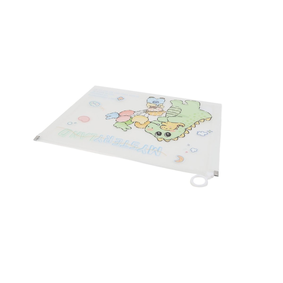 A4 file folder with dinosaur-and-child cartoon on white, fastener tabs at corners