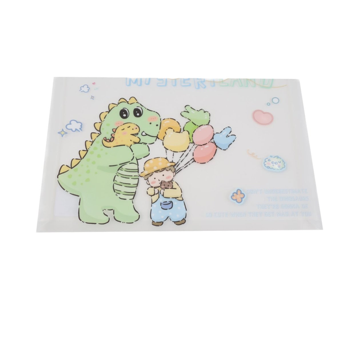A4 file folder with large green dinosaur and child, pastel balloons and clouds