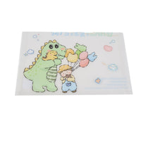 A4 file folder with large green dinosaur and child, pastel balloons and clouds
