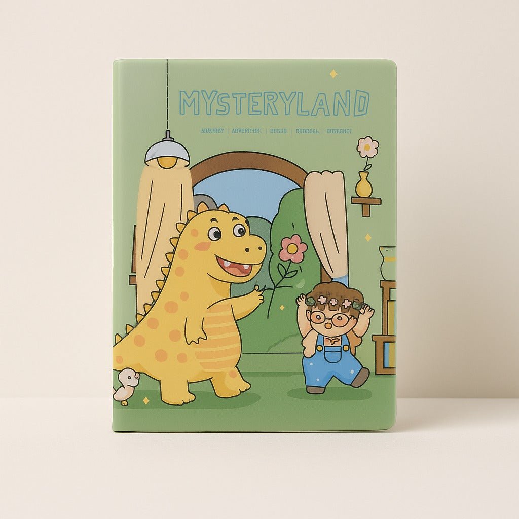 A5 dinosaur notebook with green frosted plastic cover, cartoon dinosaur family design.
