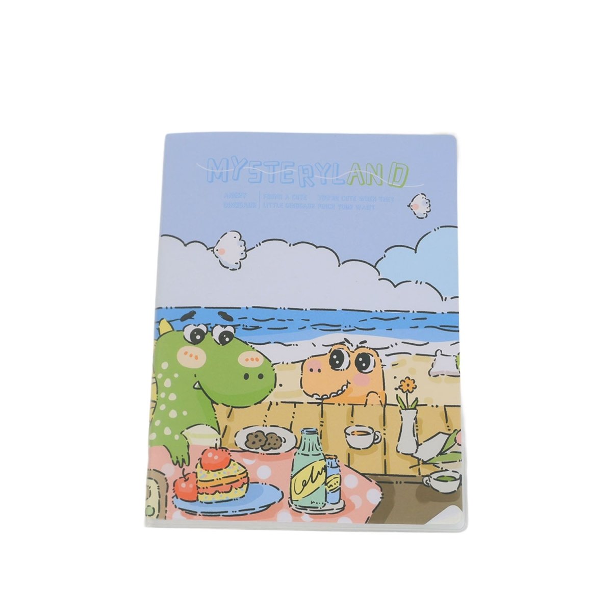 A5 dinosaur notebook with blue frosted plastic cover, cartoon beach scene with dinosaurs.